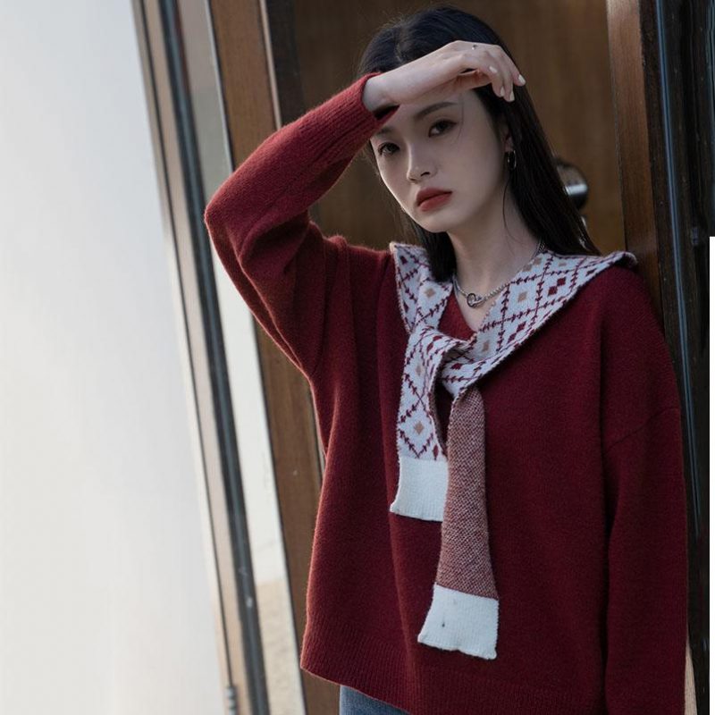 Weihnachten Lockerer Gefälschter Zweiteiliger Schalpullover
