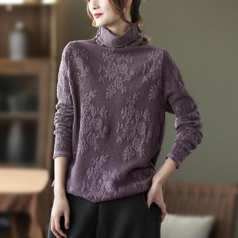 Winter-frühlings-blumenstickerei-rollkragen-baumwollstrickpullover
