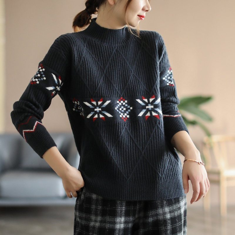 Winter-vintage-halb-rollkragenpullover Lockerer Lässiger Strickpullover