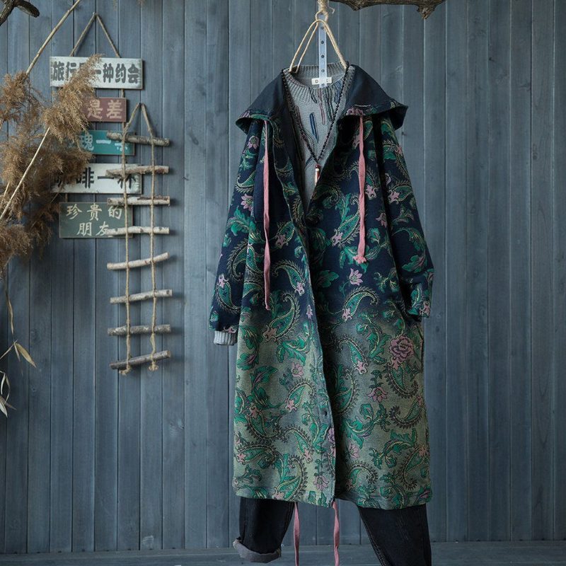 Bedruckter Lockerer Herbstmantel Mit Kapuze