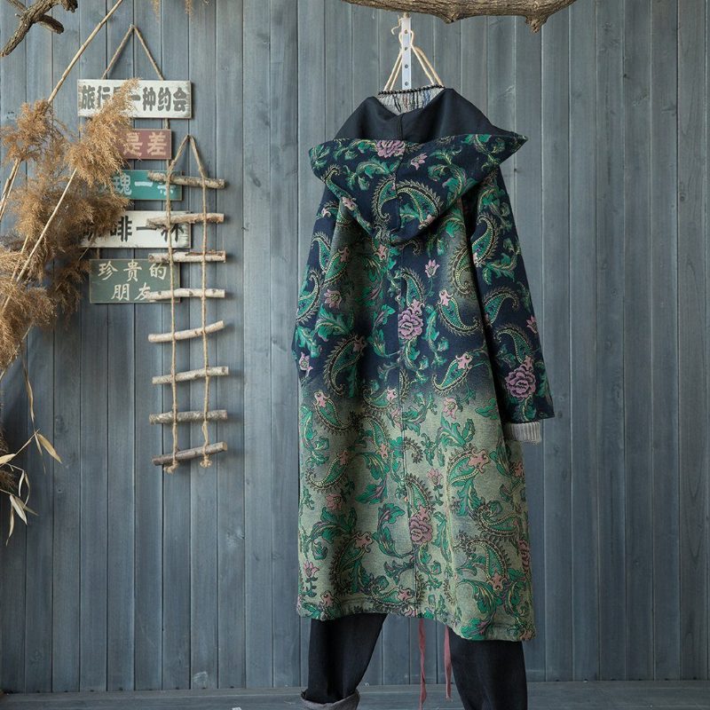 Bedruckter Lockerer Herbstmantel Mit Kapuze