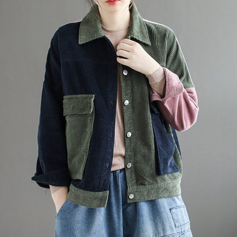 Damen Cordjacke Mit Farbblock-taschen