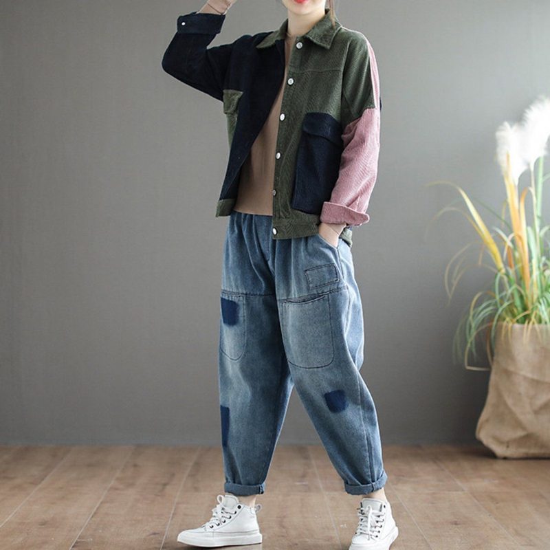 Damen Cordjacke Mit Farbblock-taschen