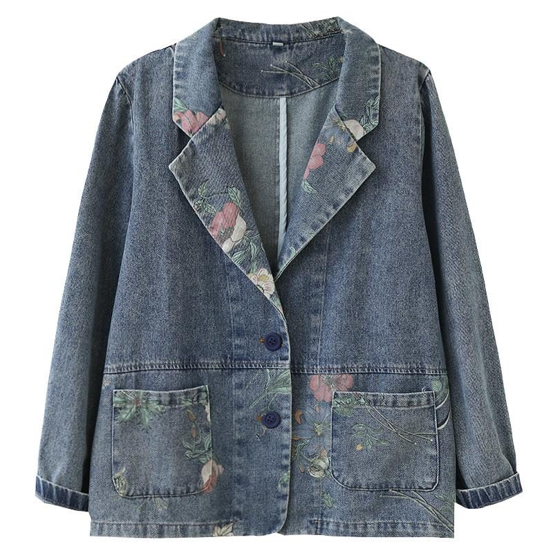 Frühlings-herbst-retro-patchwork-blumen-baumwoll-denim-anzugjacke
