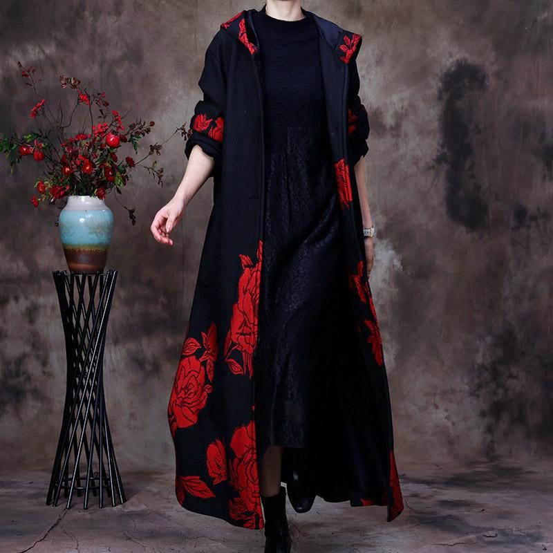 Warmer Winter-blumen-retro-plüschmantel Mit Kapuze
