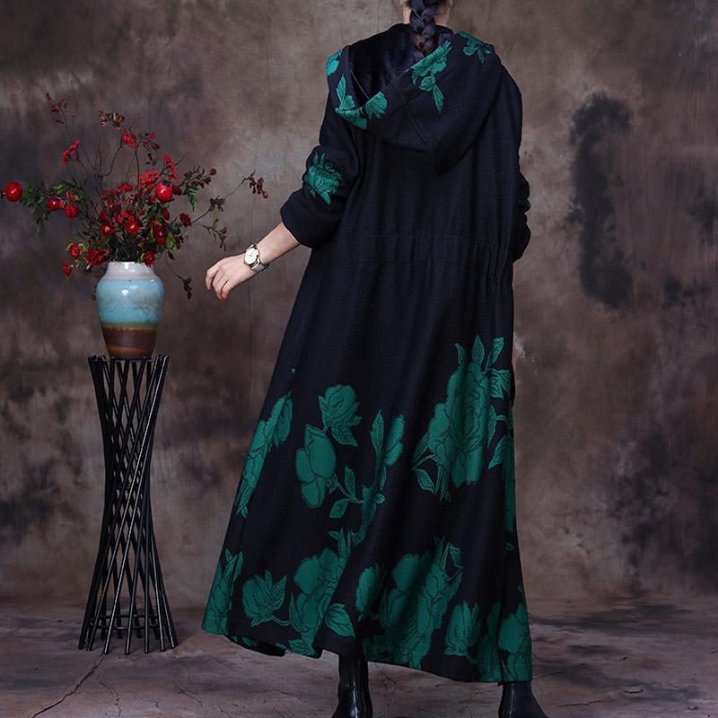 Warmer Winter-blumen-retro-plüschmantel Mit Kapuze
