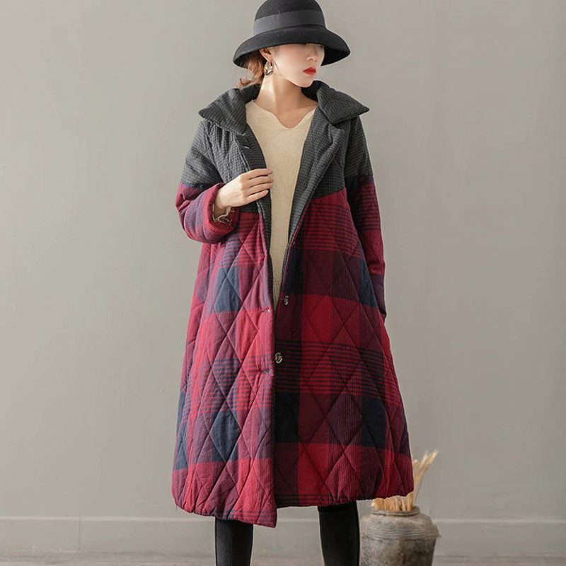 Winter-retro-baumwoll-leinen-jacke Mit Dicken Nähten Damen-steppmantel