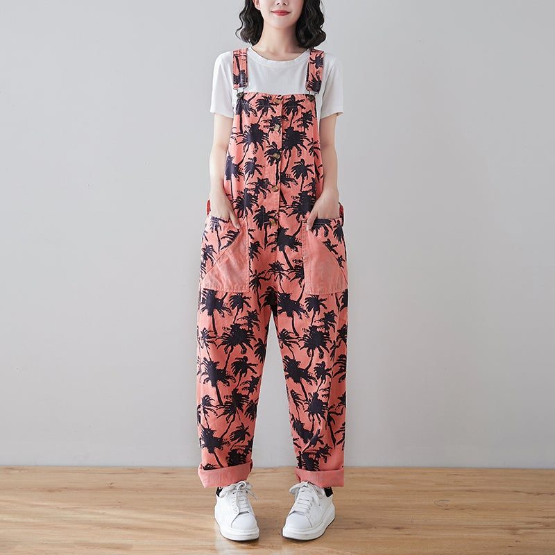 Spring Retro Plants Print Lockerer Denim-overall