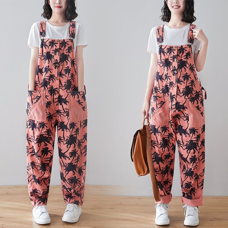 Spring Retro Plants Print Lockerer Denim-overall