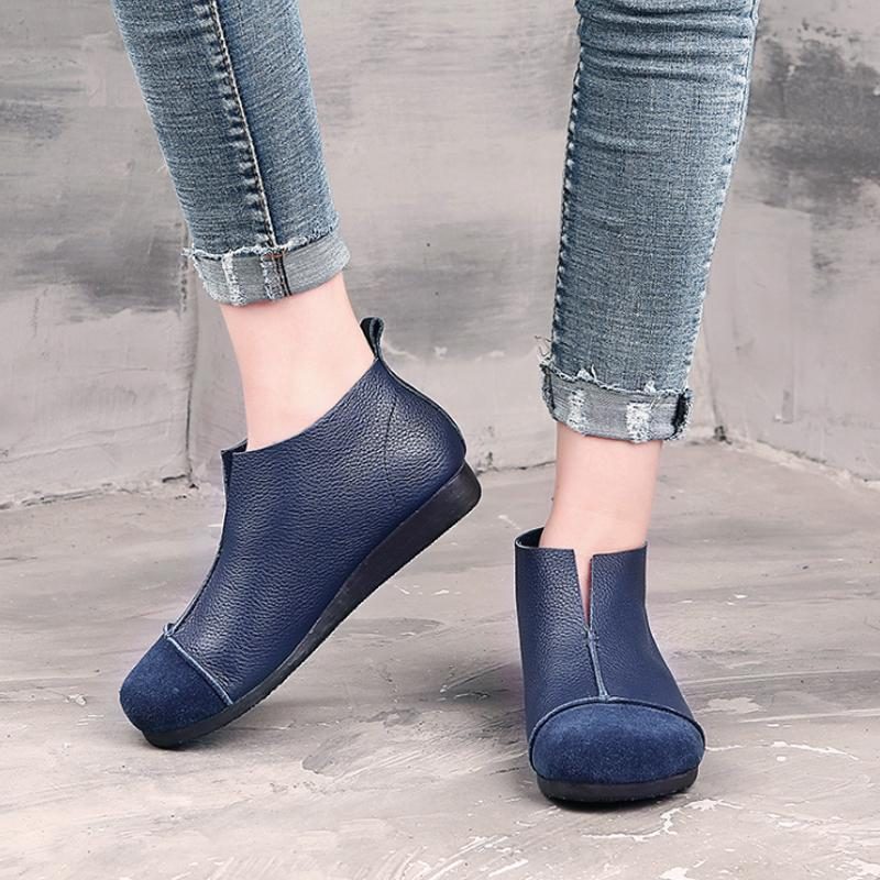 Damen Herbst Retro Leder Blau Stiefel