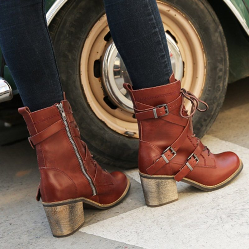 Handgefertigte Retro-schnürschnallenstiefel Mit Klobigen Absätzen