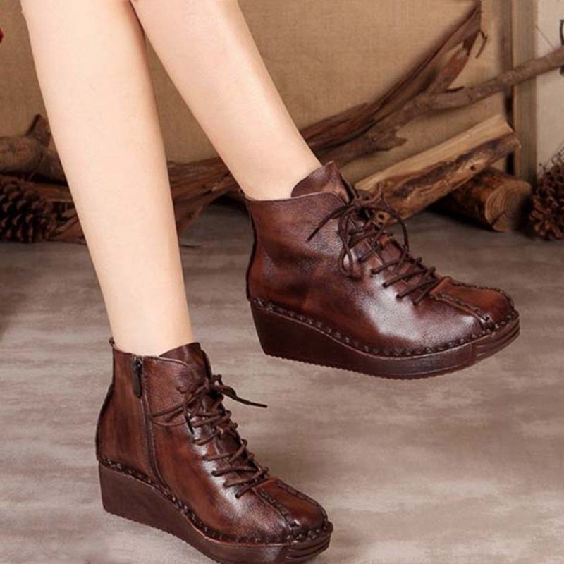 Herbst-winter-ethnische Handgefertigte Lederkeil-damenstiefeletten