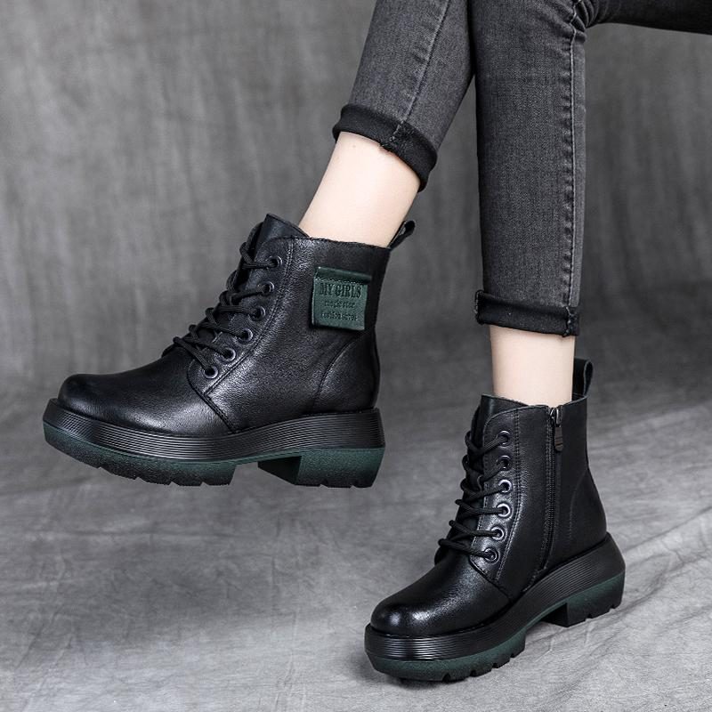 Herbst-winter-lederstiefel Mit Rundem Kopf Und Dicker Sohle