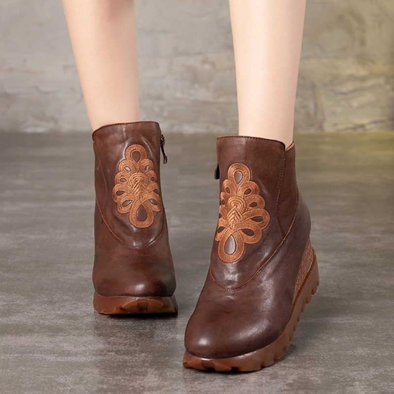 Herbst-winter-stiefel Aus Leder Mit Plateau-stickerei