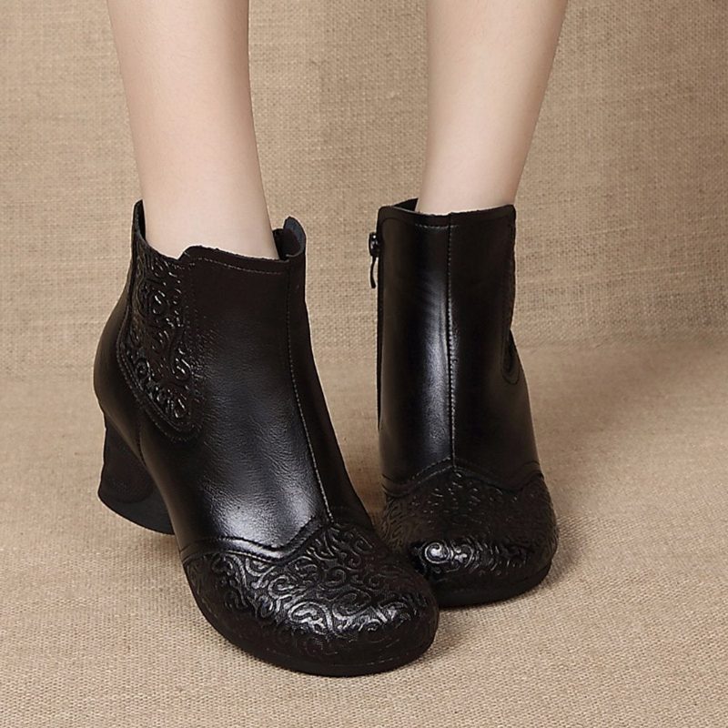 Leder Geprägte Seitliche Reißverschlüsse Damenstiefel