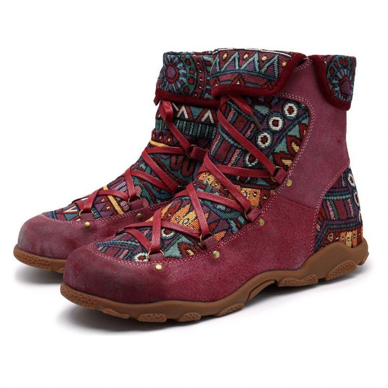 Vintage Ethno-leder Lässige Nähte Bequeme Flache Damenstiefel
