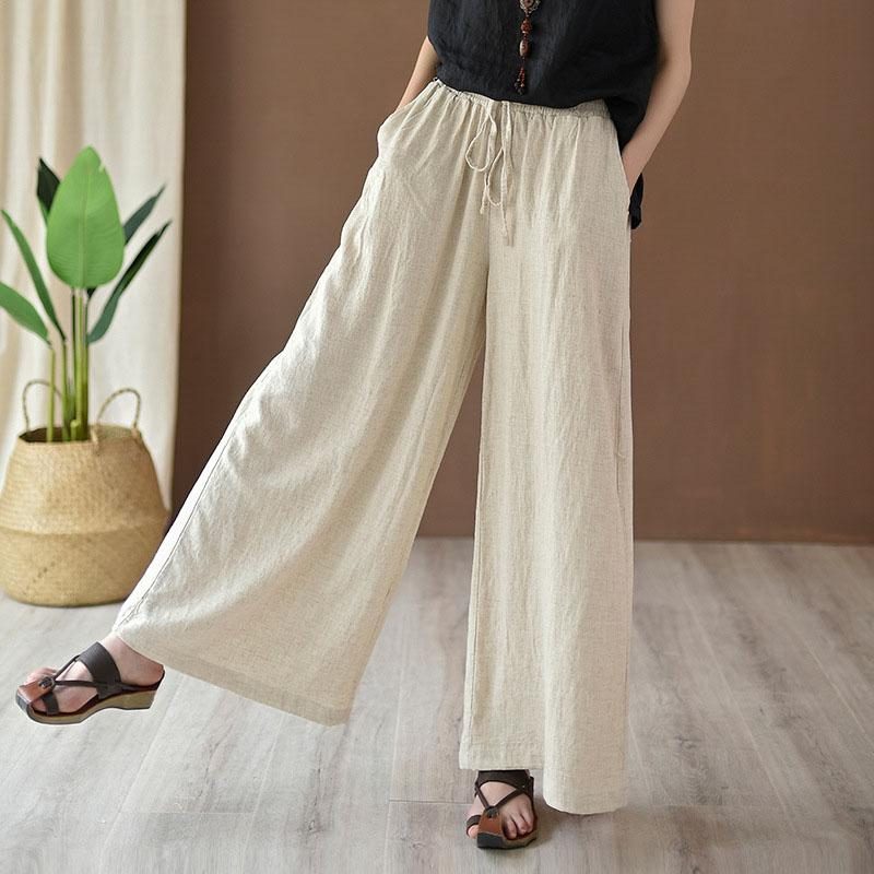 Damen Baumwoll-leinen-hose Mit Weitem Bein In Grün