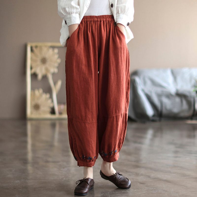 Dele Literary Retro 100 Reines Leinen Neun Punkte Freizeithose Damen Frühling Lose Und Dünne Bestickte Pumphose