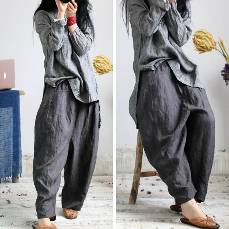 Lockere Lässige Leinenhose Mit Elastischem Bund Und Weitem Bein