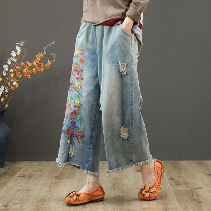 Zerrissene Jeans Mit Elastischer Taille Und Stickerei