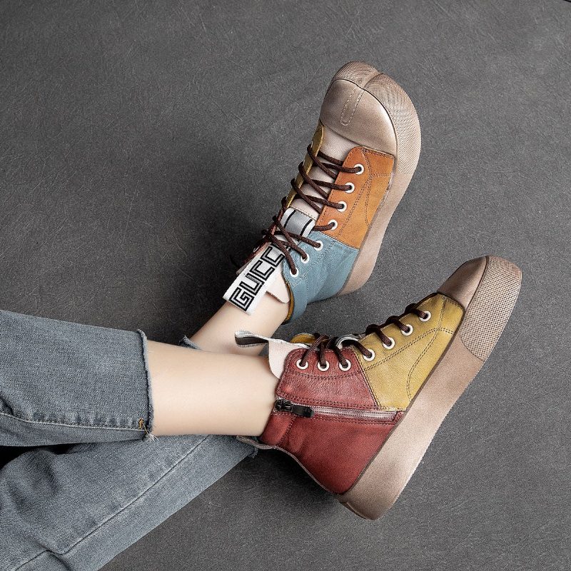 Frauen Frühling Retro Farbabstimmung Freizeitschuhe Aus Leder