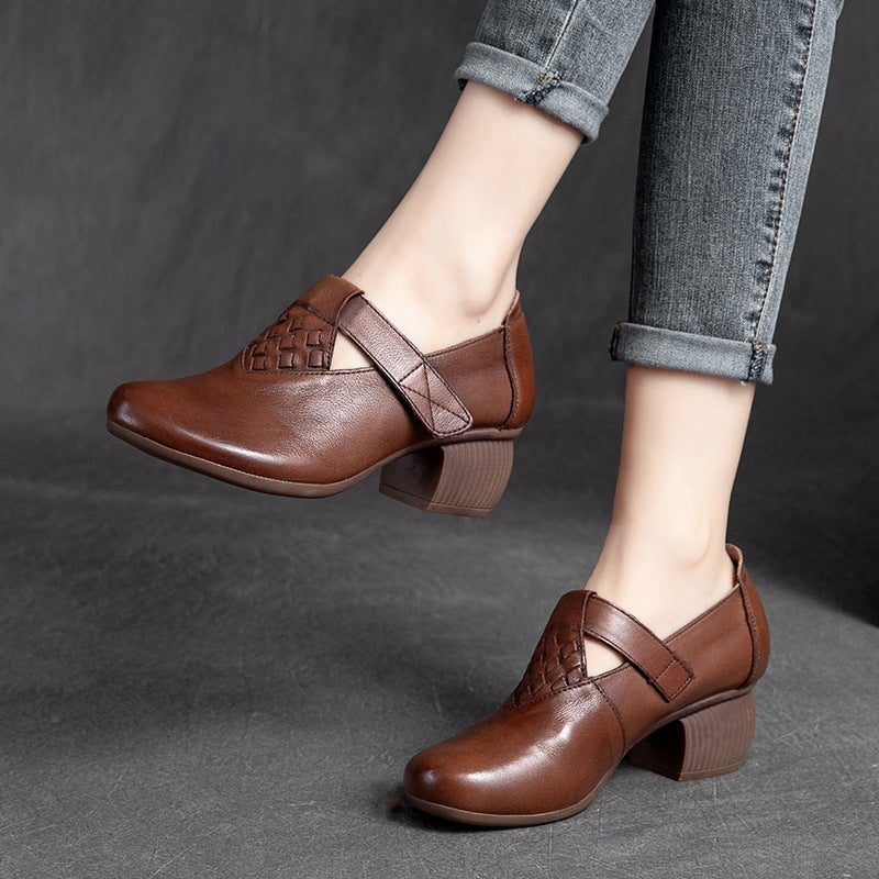 Frühling Klettband Retro Leder Loafer Mit Rundem Kopf