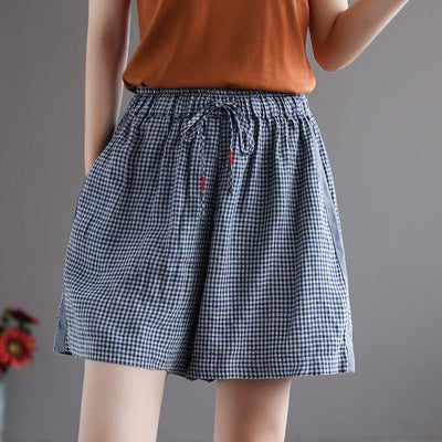 Frauen-sommer-retro-lose Leinen-karo-shorts