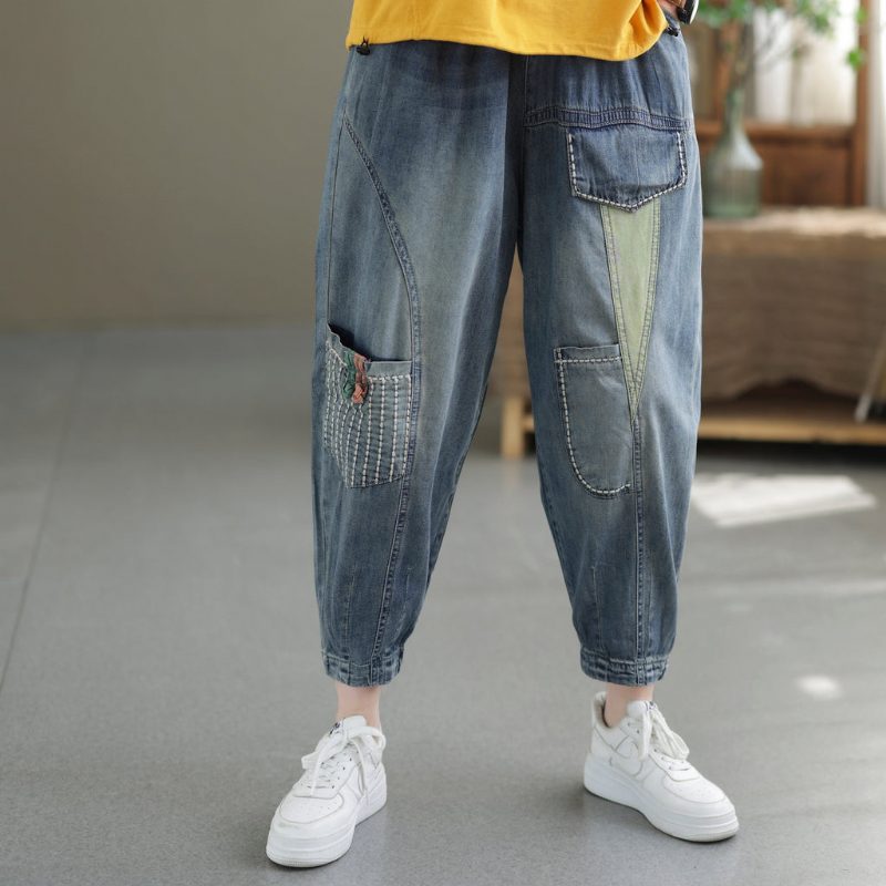 Damen Frühling Sommer Retro Patchwork Baumwolljeans
