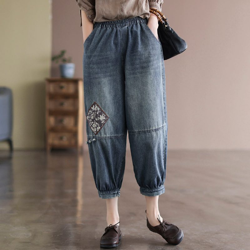 Frauen-frühlings-retro-stickerei-lose Baumwolljeans