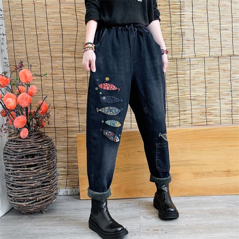 Winter-frauen-plüsch-retro-stickerei-beiläufige Jeans
