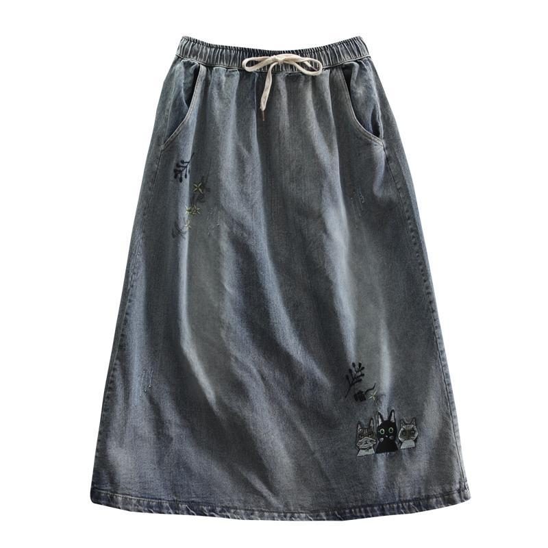 Bestickter Denim Retro Art Langer Damenrock