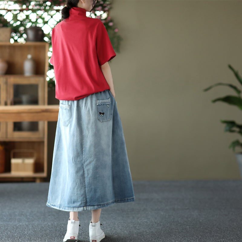 Frühlings-retro-jeansrock In A-linie Mit Lockerer Stickerei