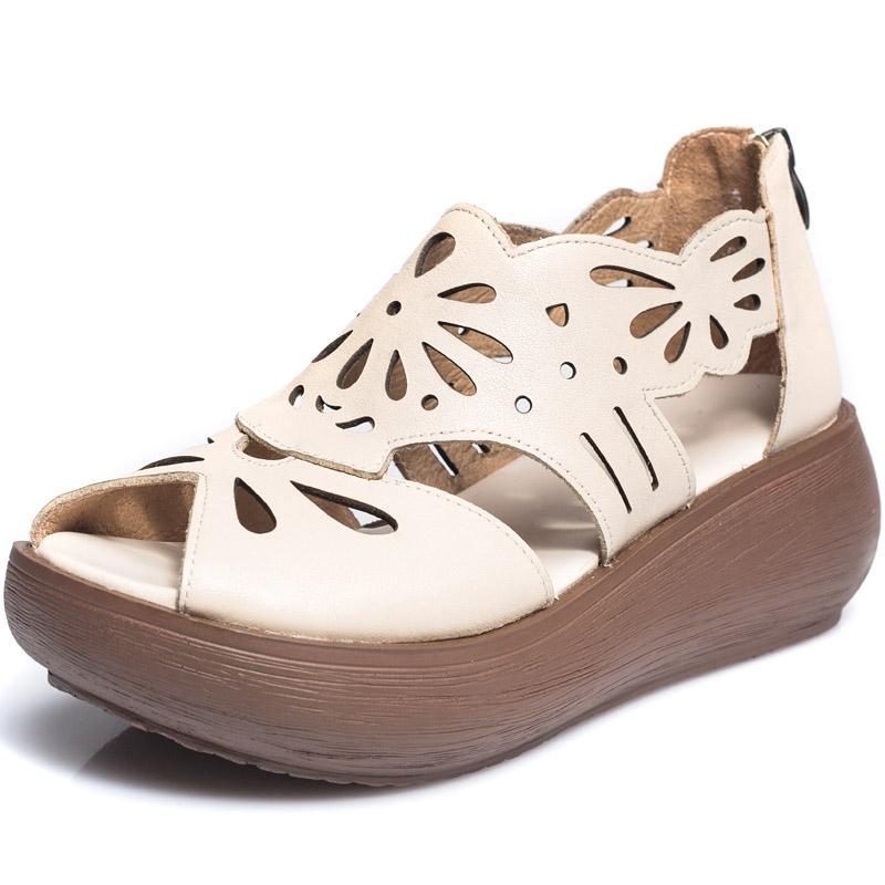 Damen-sandalen Aus Leder Mit Hohlem Dickem Boden Und Retro-plateau