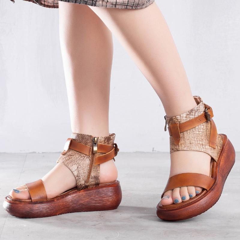 Frauen Handgefertigte Sommer-plateau-ledersandalen Mit Reißverschlüssen