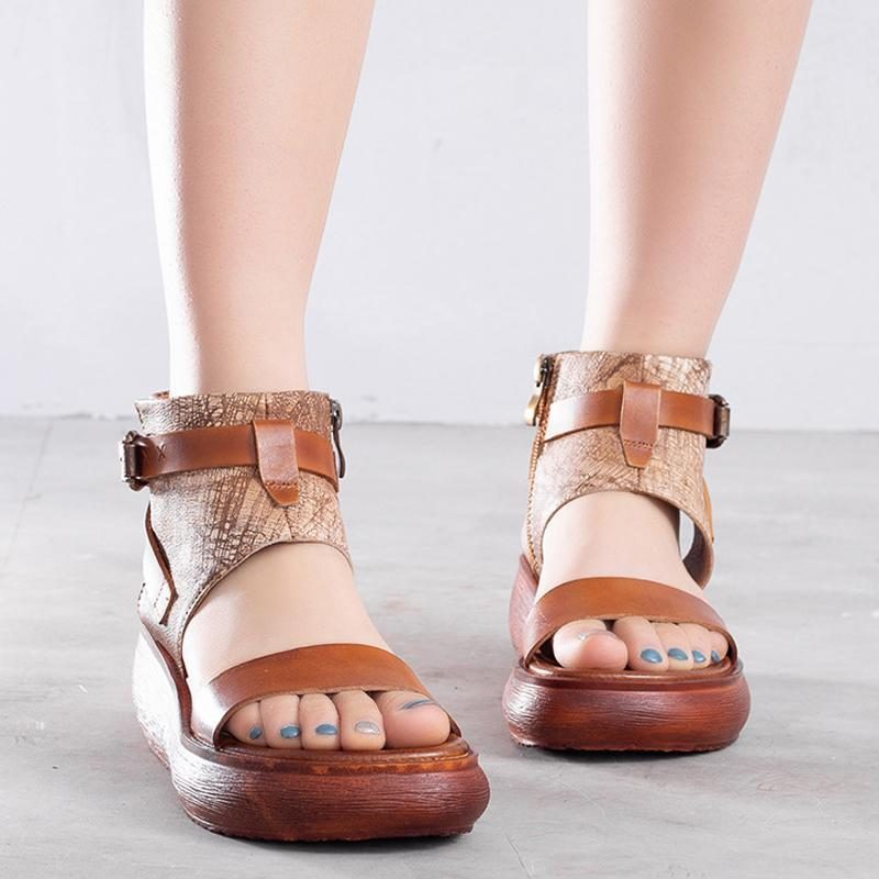 Frauen Handgefertigte Sommer-plateau-ledersandalen Mit Reißverschlüssen