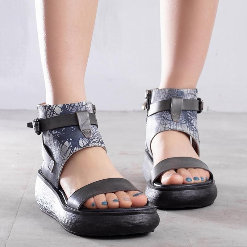 Frauen Handgefertigte Sommer-plateau-ledersandalen Mit Reißverschlüssen