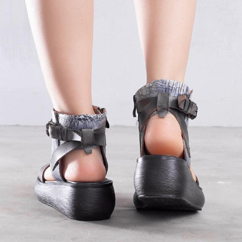 Frauen Handgefertigte Sommer-plateau-ledersandalen Mit Reißverschlüssen