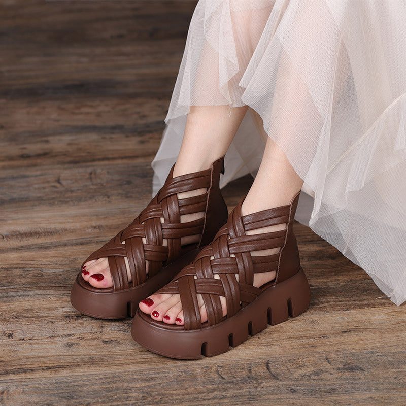 Frauen Retro Geflochtene Sommer-keilsandalen Aus Leder