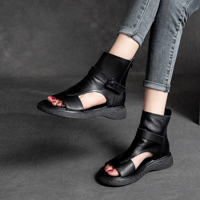 Frauen Sommer Vintage Leder Flache Knöchelsandalen