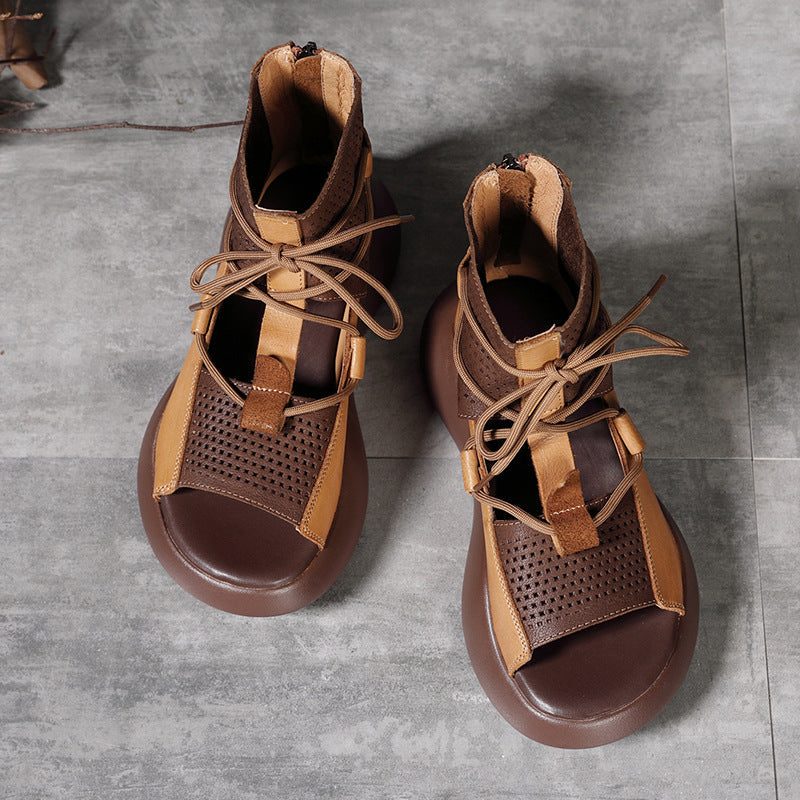 Frauen-sommer-weinlese-hohle Leder-plateau-sandalen