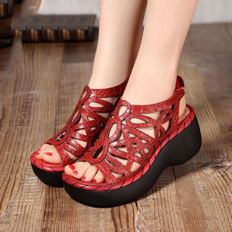 Vintage Leather Wedges Bequeme Sandalen Mit Weichem Boden