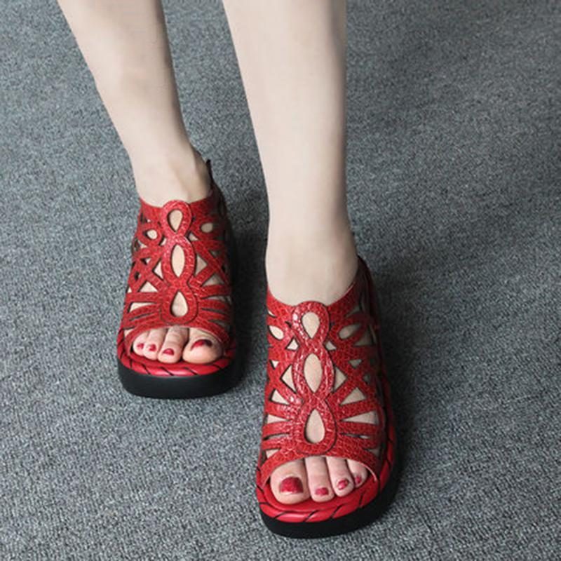 Vintage Leather Wedges Bequeme Sandalen Mit Weichem Boden