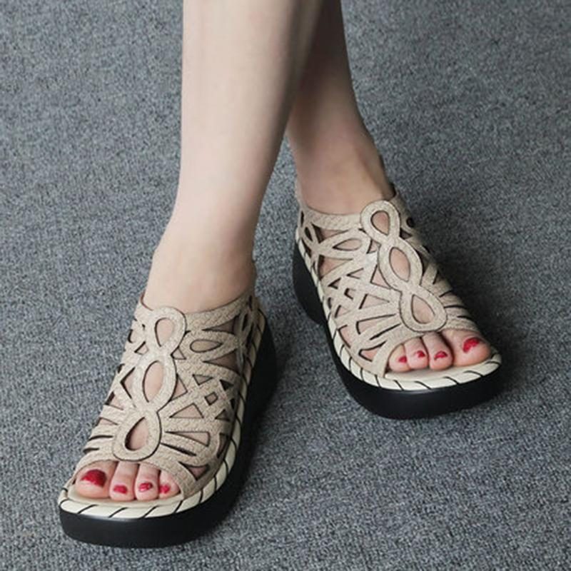 Vintage Leather Wedges Bequeme Sandalen Mit Weichem Boden