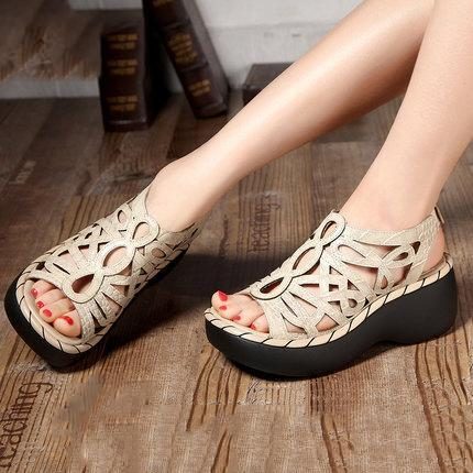 Vintage Leather Wedges Bequeme Sandalen Mit Weichem Boden