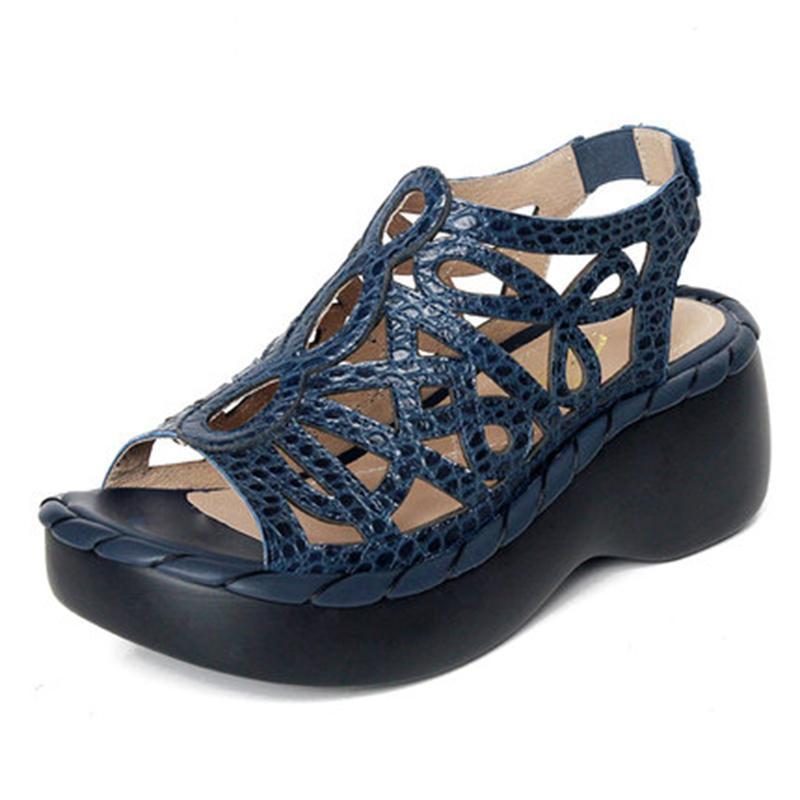 Vintage Leather Wedges Bequeme Sandalen Mit Weichem Boden