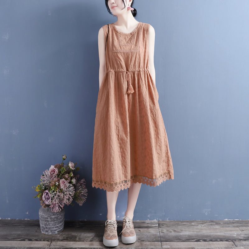 Ärmelloses Sommerkleid Aus Baumwollleinen Mit Blumenstickerei