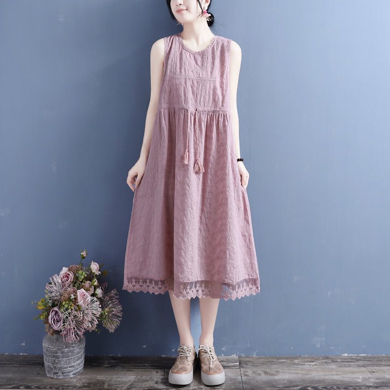 Ärmelloses Sommerkleid Aus Baumwollleinen Mit Blumenstickerei