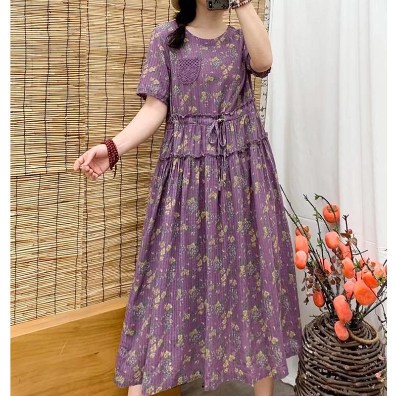 Baumwoll-leinen-frauen Lockeres Retro-blumenkleid