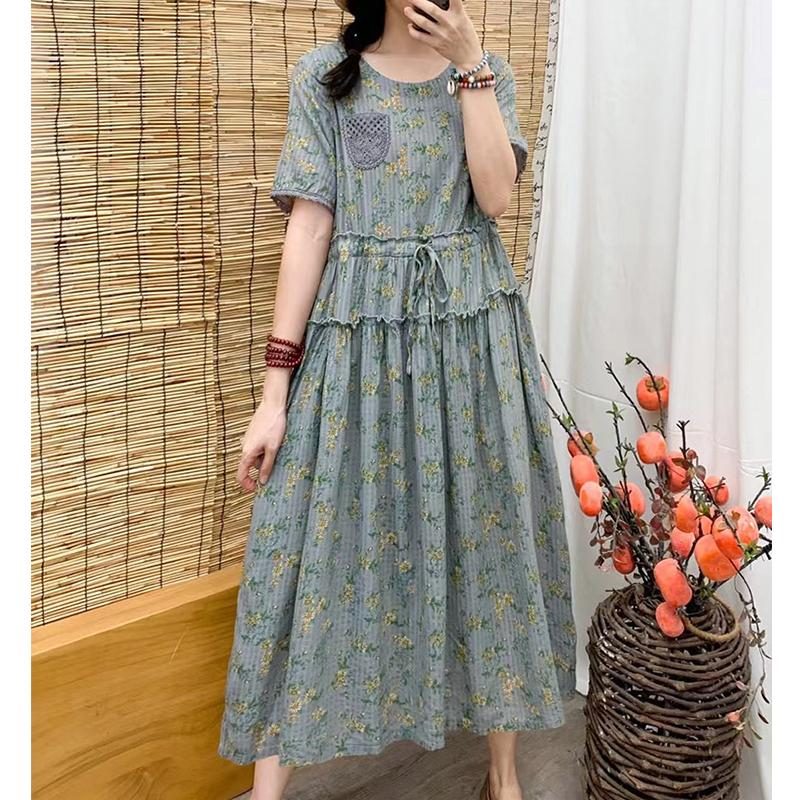 Baumwoll-leinen-frauen Lockeres Retro-blumenkleid