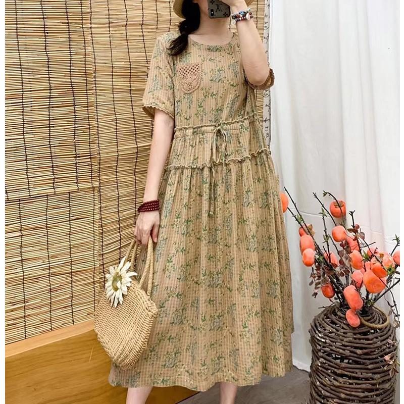 Baumwoll-leinen-frauen Lockeres Retro-blumenkleid